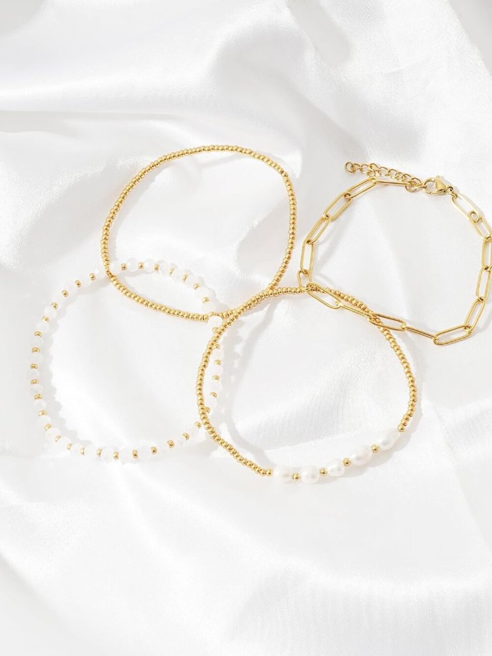 Dainty Gold Plated Pearl Crystal Beaded Bracelets Set for Women 14K Gold Plated - Picture 3 of 7